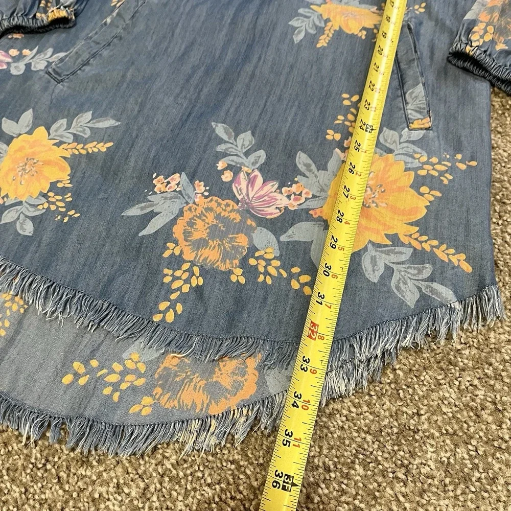 Blue Chambray Floral Dress Womens Small Cottagecore Boho Coastal Resort Lyocell - Picture 6 of 9